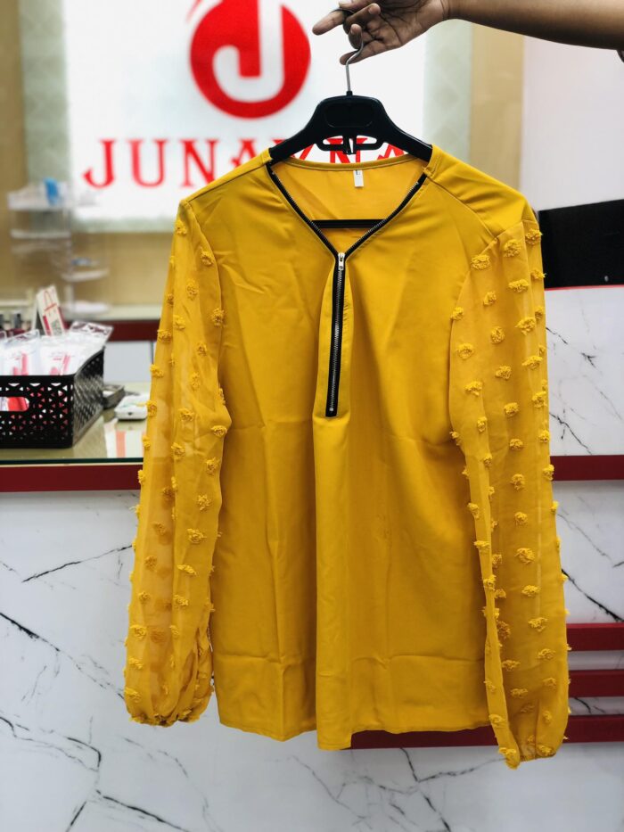 1 Colour Zipper Top With Dot Sleeve (Mustard Yellow) - Image 2