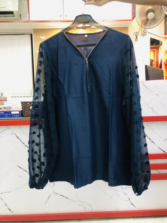 1 Colour Zipper Top With Dot Sleeve ( Navy Blue) - Image 2