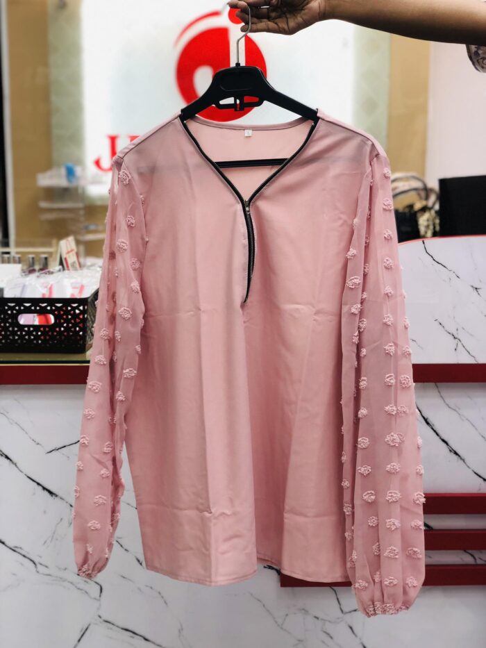 1 Colour Zipper Top With Dot Sleeve ( Light Pink) - Image 2