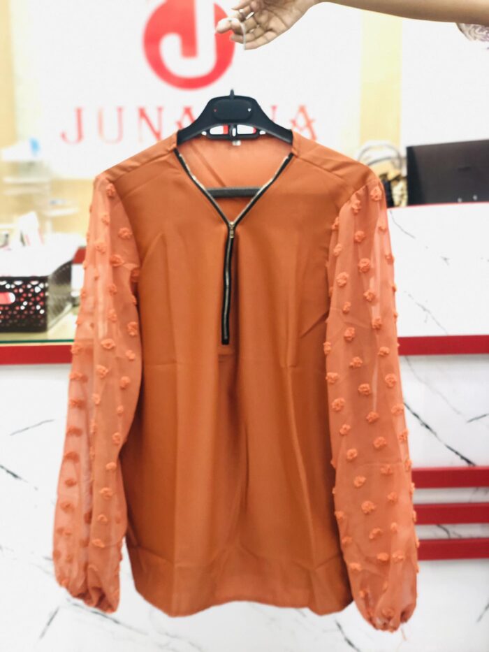 1 Colour Zipper Top With Dot Sleeve (Orangish Brown) - Image 2