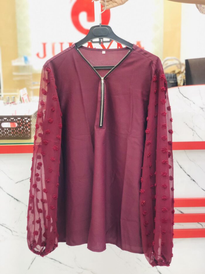 1 Colour Zipper Top With Dot Sleeve (Red Wine) - Image 2