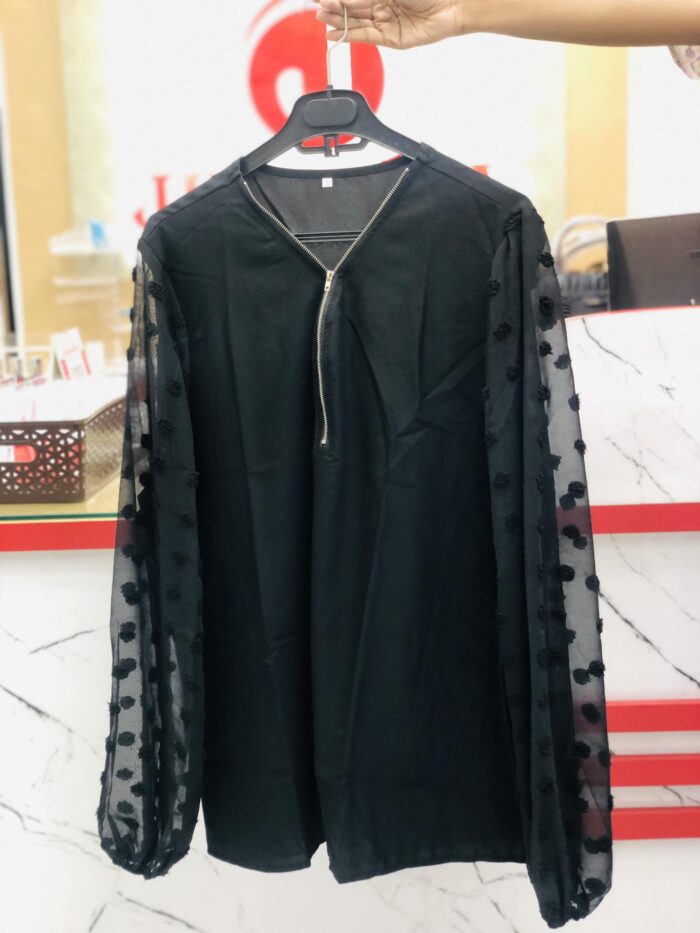1 Colour Zipper Top With Dot Sleeve (Black) - Image 3