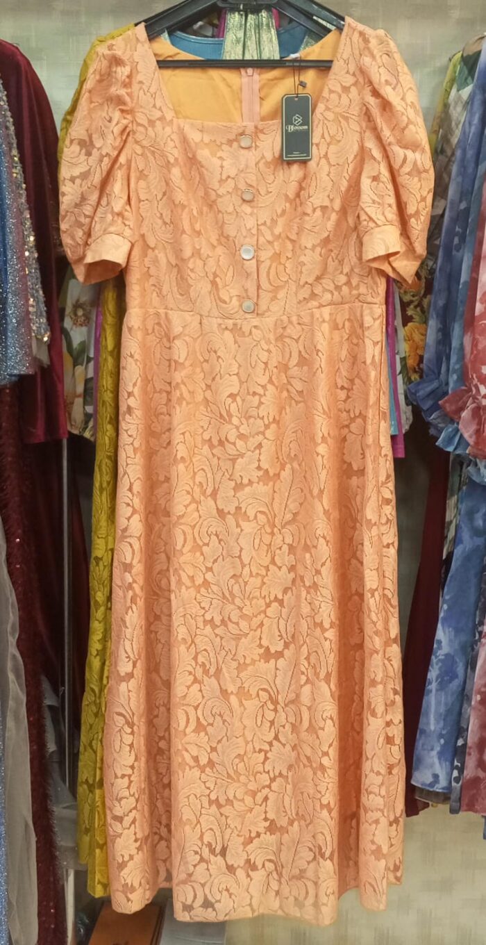 Chikan Fabric Long Dress (Coral Pink) - Image 2