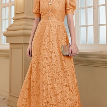 Chikan Fabric Long Dress (Coral Pink)