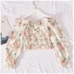 Floral Trumpet Sleeve Western Style Short Crop Top 1 (White)