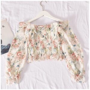 Floral Trumpet Sleeve Western Style Short Crop Top 1 (White)