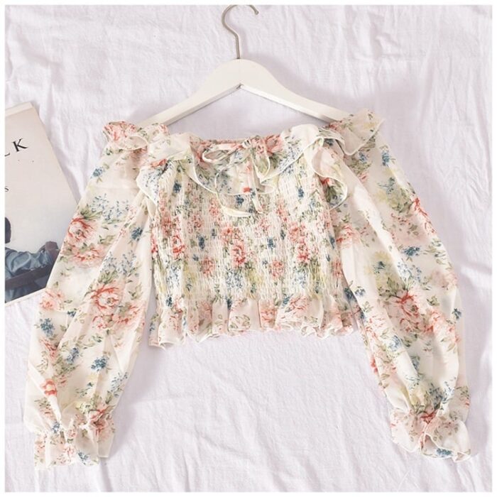Floral Trumpet Sleeve Western Style Short Crop Top 1 (White)