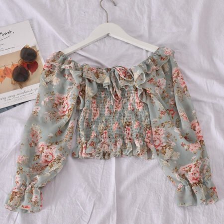 Floral Trumpet Sleeve Western Style Short Crop Top 1 ( Ocean Blue)