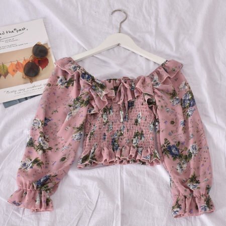 Floral Trumpet Sleeve Western Style Short Crop Top 1 (Dark Pink)