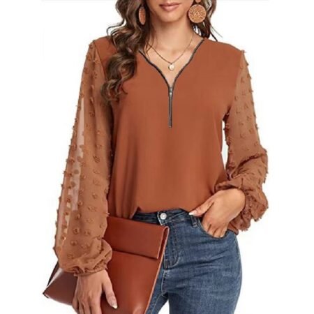 1 Colour Zipper Top With Dot Sleeve (Orangish Brown)