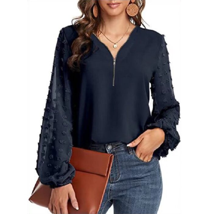 1 Colour Zipper Top With Dot Sleeve ( Navy Blue)
