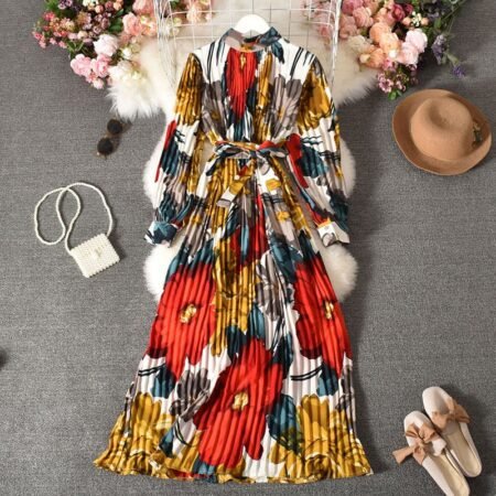 Tropical Red-White Leaf Print Pleated Dress with Belt