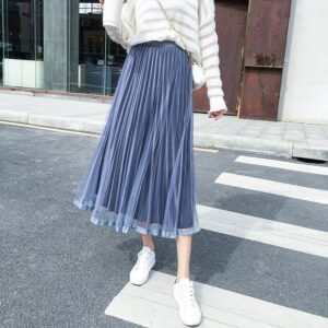 Mid length Net-Velvet Pleated Skirt (Ash Blue)
