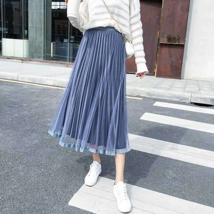Mid length Net-Velvet Pleated Skirt (Ash Blue)
