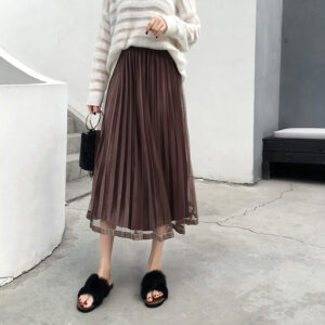 Mid length Net-Velvet Pleated Skirt ( Brown)