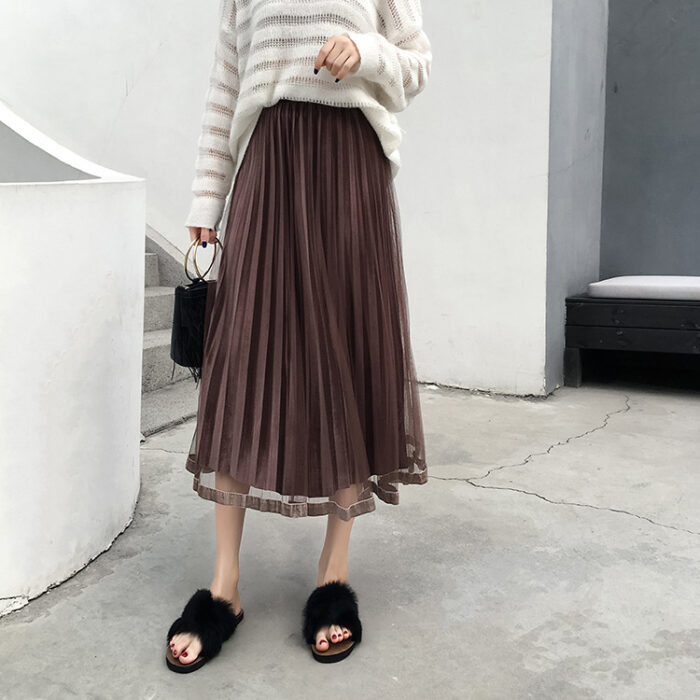 Mid length Net-Velvet Pleated Skirt ( Brown)