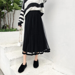 Mid length Net-Velvet Pleated Skirt (Black)