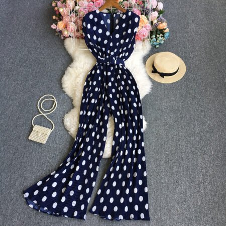 Polka dot sleeve less long jumpsuit with belt ( Navy Blue)