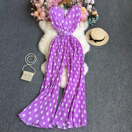 Polka dot sleeve less long jumpsuit with belt  (Lavender)