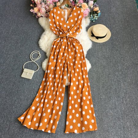 Polka dot sleeve less long jumpsuit with belt ( light Brown)