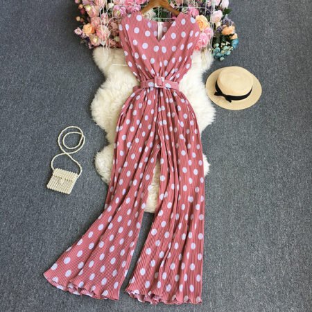 Polka dot sleeve less long jumpsuit with belt (Pink)