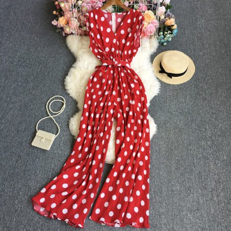 Polka dot sleeve less long jumpsuit with belt (Red)