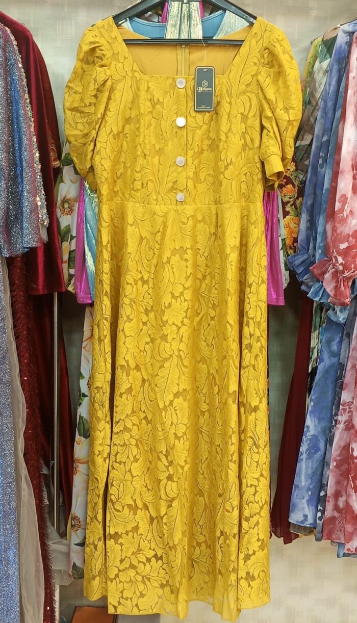 Chikan Fabric Long Dress (Olive) - Image 2