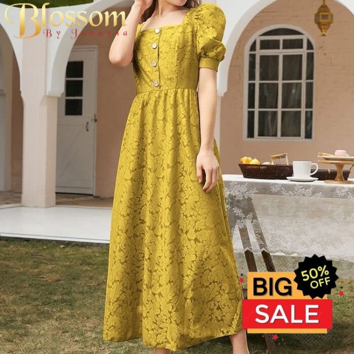 Chikan Fabric Long Dress (Olive)