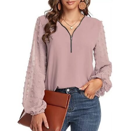 1 Colour Zipper Top With Dot Sleeve ( Light Pink)