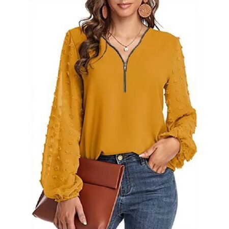 1 Colour Zipper Top With Dot Sleeve (Mustard Yellow)