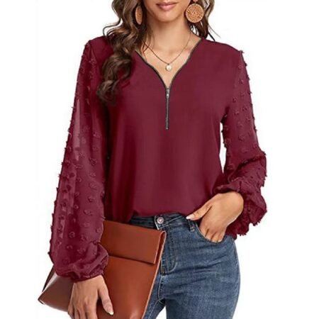 1 Colour Zipper Top With Dot Sleeve (Red Wine)