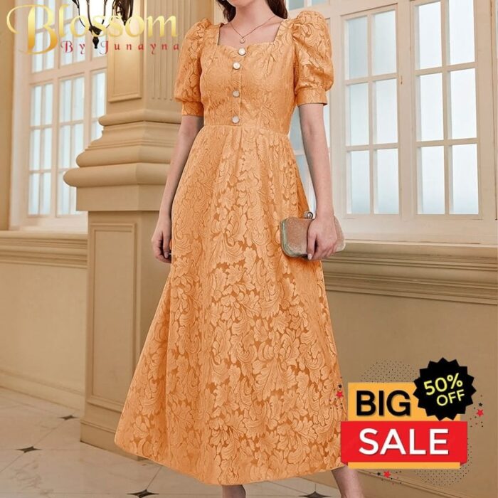 Chikan Fabric Long Dress (Coral Pink)
