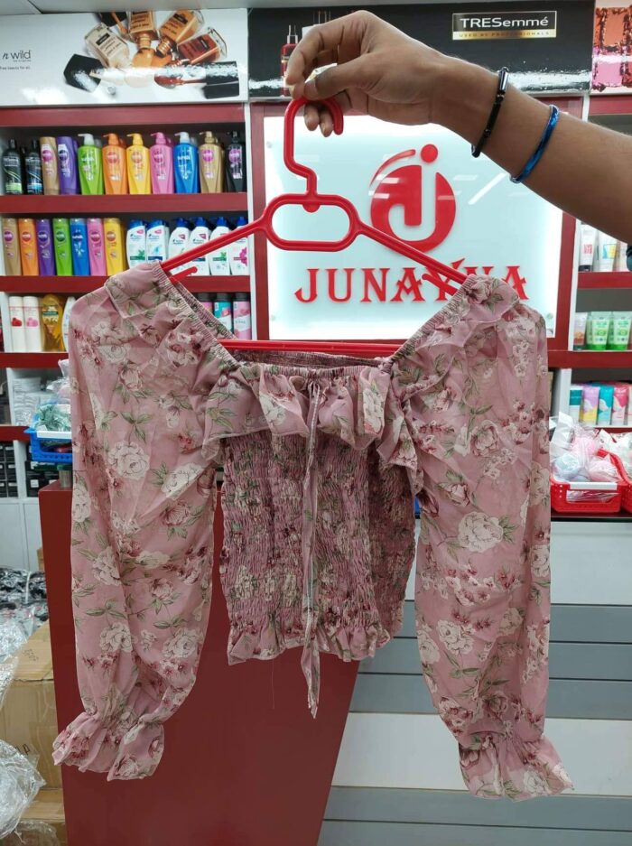 Floral Trumpet Sleeve Western Style Short Crop Top 1 (Dark Pink) - Image 2