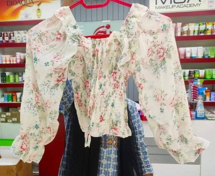 Floral Trumpet Sleeve Western Style Short Crop Top 1 (White) - Image 2