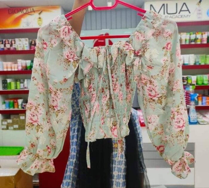 Floral Trumpet Sleeve Western Style Short Crop Top 1 ( Ocean Blue) - Image 2