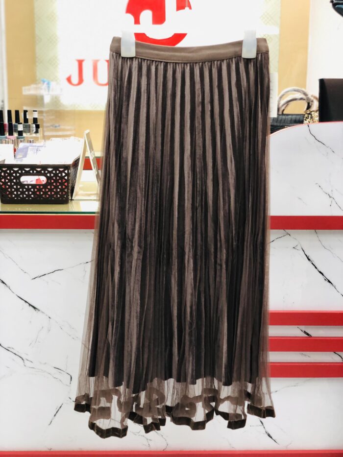 Mid length Net-Velvet Pleated Skirt ( Brown) - Image 2