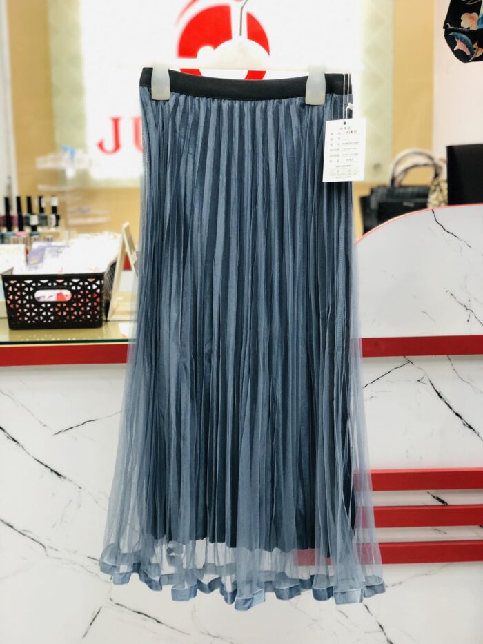 Mid length Net-Velvet Pleated Skirt (Ash Blue) - Image 2