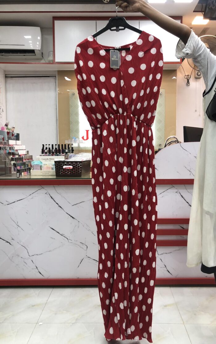 Polka dot sleeve less long jumpsuit with belt (Red) - Image 2
