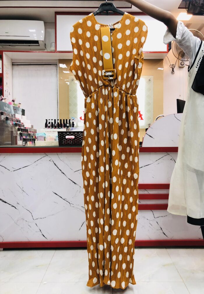 Polka dot sleeve less long jumpsuit with belt ( light Brown) - Image 2