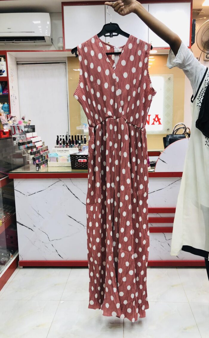 Polka dot sleeve less long jumpsuit with belt (Pink) - Image 2