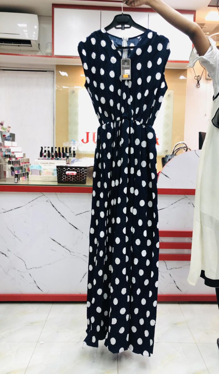 Polka dot sleeve less long jumpsuit with belt ( Navy Blue) - Image 2