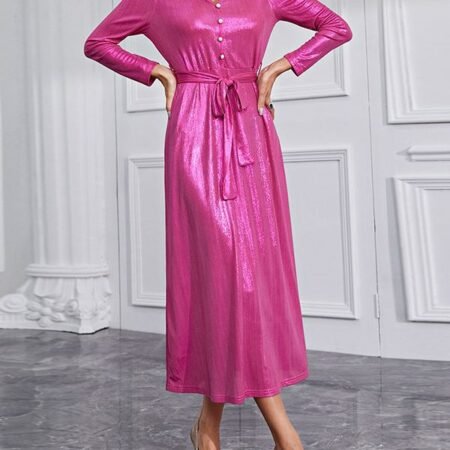 Women's V-neck Royal Sequined Dress ( Pink)