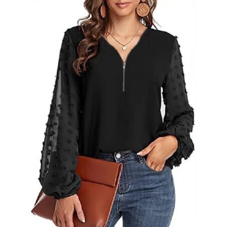 1 Colour Zipper Top With Dot Sleeve (Black)