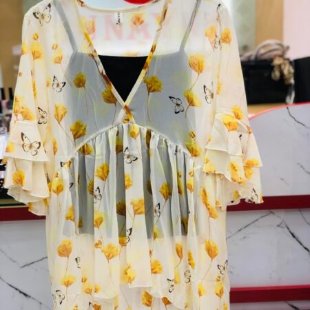 Floral V Neck Round Top With Black Inner (Yellow)