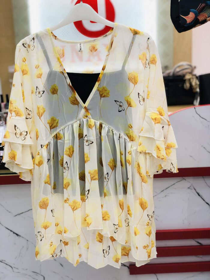 Floral V Neck Round Top With Black Inner (Yellow)