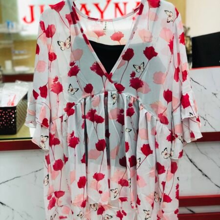 Floral V Neck Round Top With Black Inner (Pink)