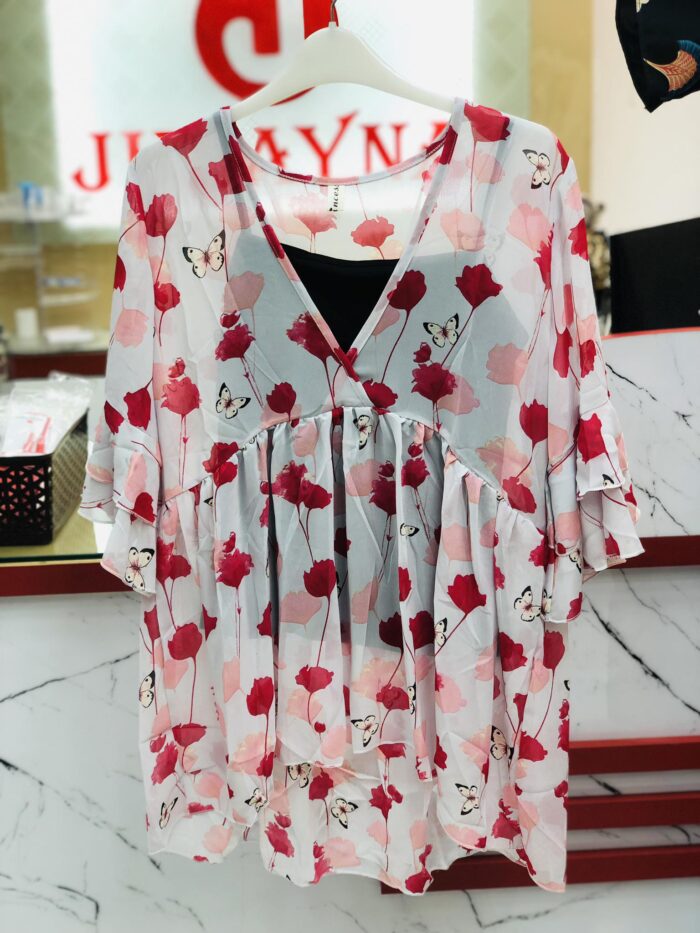 Floral V Neck Round Top With Black Inner (Pink)