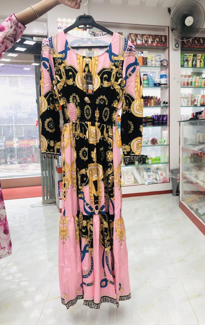 Printed 2 Layer Long Dress (Pink )
