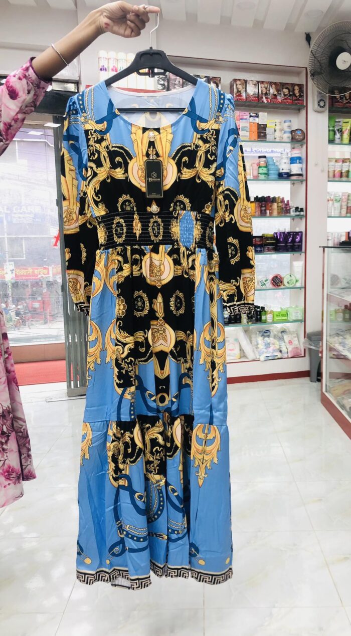 Printed 2 Layer Long Dress (Blue )