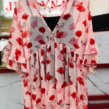 Floral V Neck Round Top With Black Inner (Red)